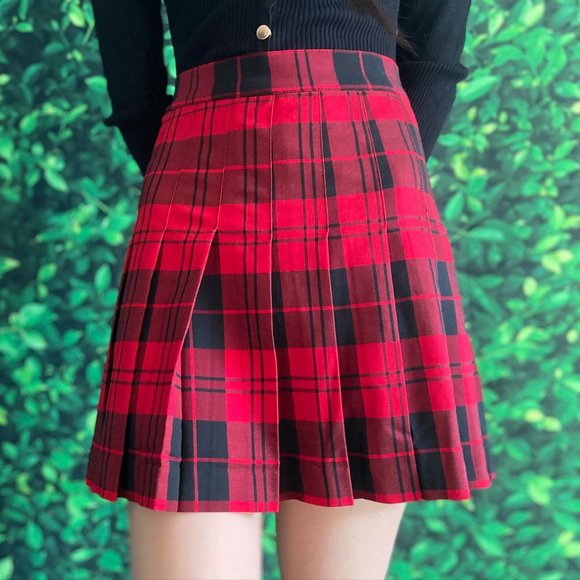 Red Plaid Pleated Skirt - Picture 1 of 3